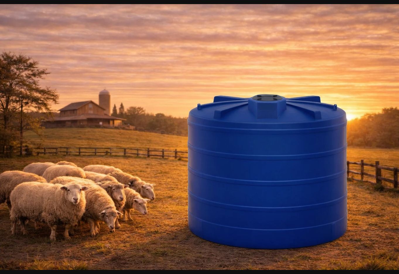 Reservatório Hidrofort 10.000L azul em ambiente rural com ovelhas